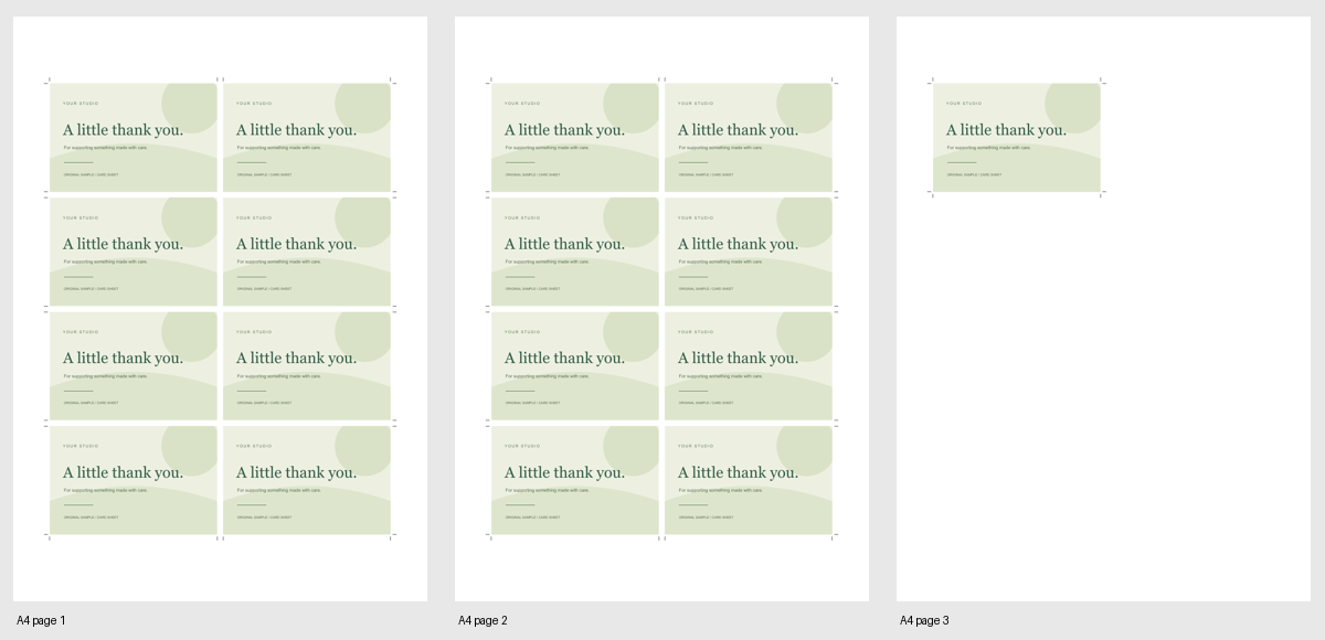 Three saved PDF pages: eight sample cards on the first page, eight on the second, and one on the third